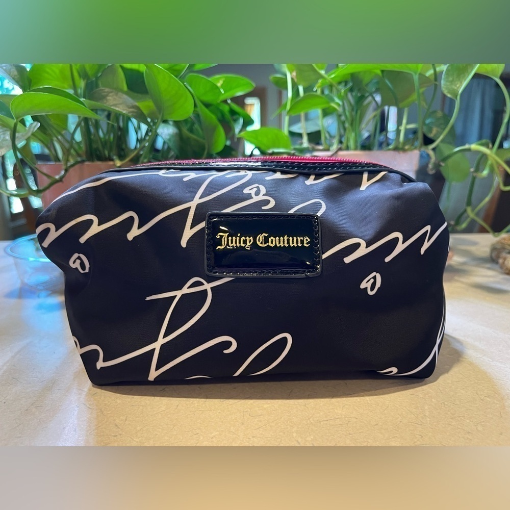 Juicy Couture Cosmetic Bag-Black with White Lettering and Pink Closure Zipper